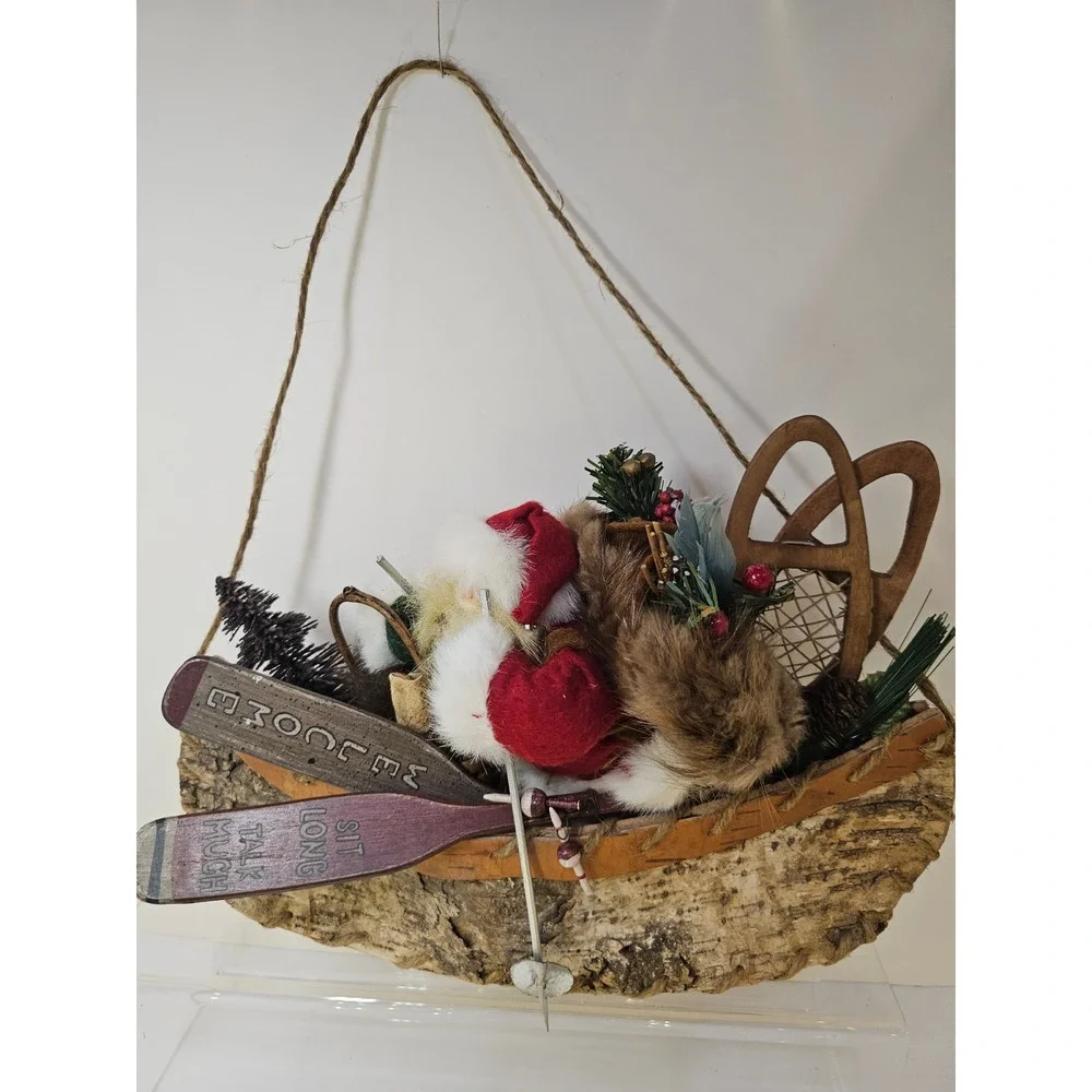 Rustic Santa Claus Canoe Christmas Cabin Holiday Decor Fishing Paddles Snowshoes
